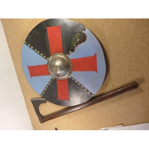 403 - AN ANGLO SAXON RE-ENACTMENT PAINTED WOOD SHIELD AND AXE (2)