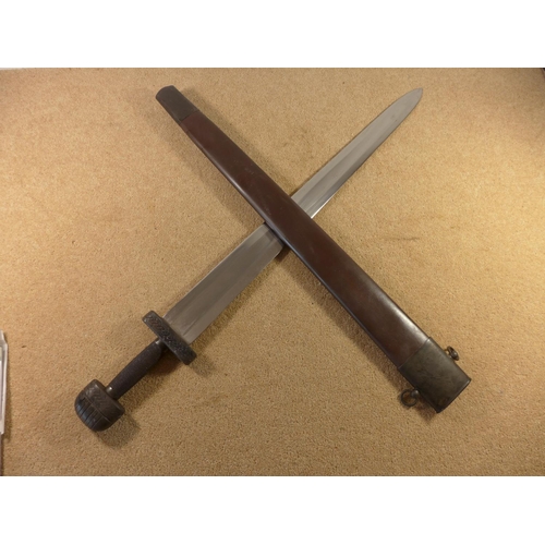 404 - A SUBSTANTIAL ANGLO SAXON RE-ENACTMENT SWORD, LENGTH OF BLADE 76CM, WITH SCABBARD