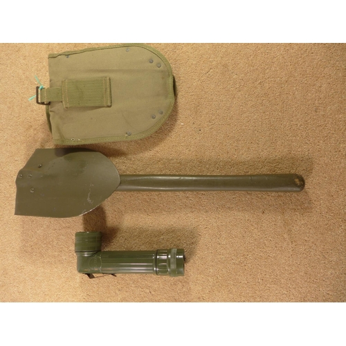 410 - A MILITARY FOLDING SPADE AND CANVAS COVER, TL-122 TORCH (2)