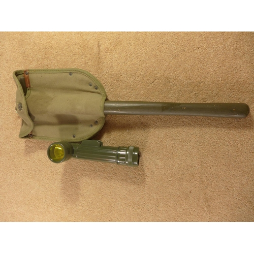 410 - A MILITARY FOLDING SPADE AND CANVAS COVER, TL-122 TORCH (2)