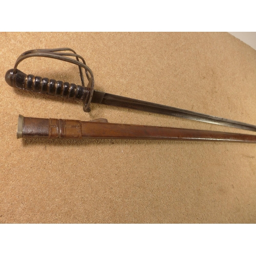 415 - A VICTORIAN INFANTRY OFFICERS SWORD, 91CM BLADE WITH LEATHER SCABBARD