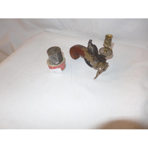 431 - A REPLICA FLINTLOCK TINDERBOX CANDLESTAND AND TWO PERCUSSION CAP BOXES