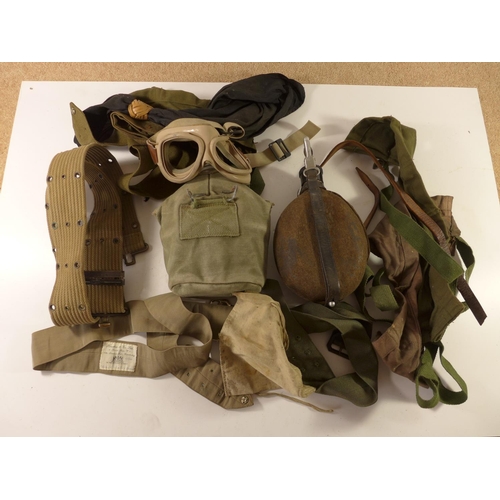 437 - TWO MILITARY WATER BOTTLES, BELTS, POUCHES ETC