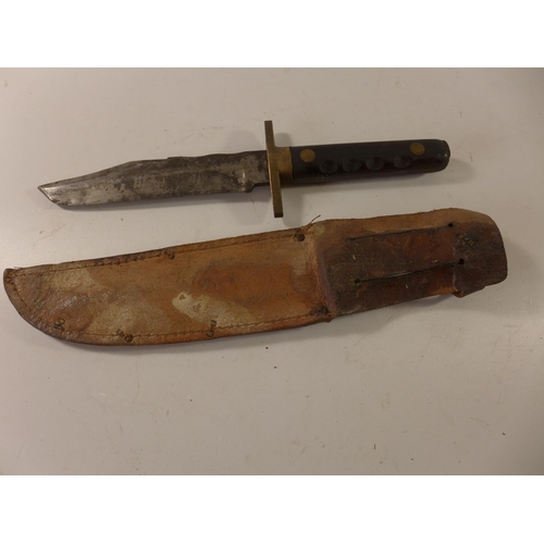 453 - A BOWIE KNIFE, 13.5 BLADE, WITH LEATHER SCABBARD