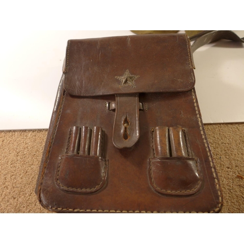 454 - A WORLD WAR II IPERIOD JAPANESE BROWN LEATHER MAP CASE (A/F), LEATHER BELT AND TWO MILITARY CAPS (4)