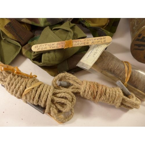 456 - THREE MILITARY PULL THROUGHS, 76MM SHELL CASE, COLLECTION OF ARMBANDS ETC