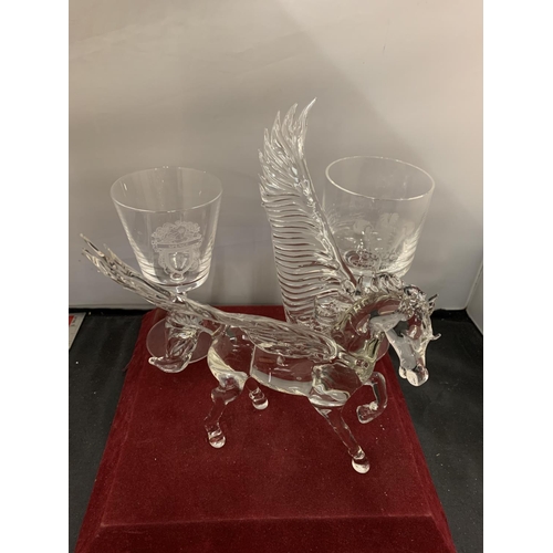 105 - A CRYSTAL GLASS WINGED HORSE BY BONILLA TO INCLUDE TWO COMMEMERATIVE GLASS GOBLETS