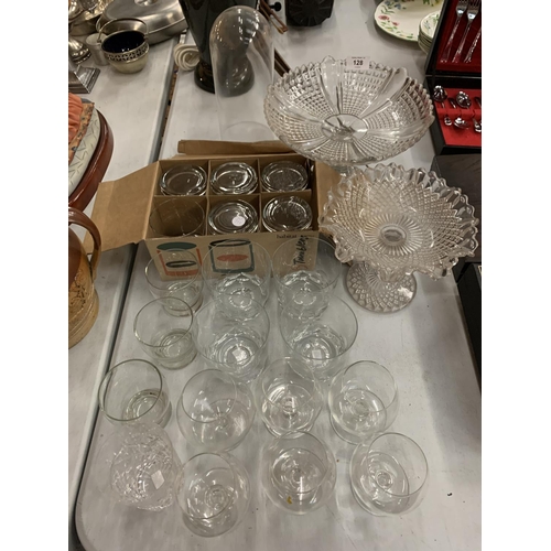 128 - A COLLECTION OF VARIOUS GLASSWARE TO INCLUDE DRINKING GLASSES, COMPORTS AND DOME