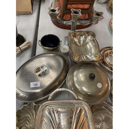 145 - A QUANTITY OF SILVER PLATED ITEMS TO INCLUDE A THREE BRANCH CANDLESTICK ETC