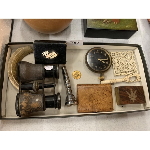 190 - AN ASSORTMENT OF ITEMS TO INCLUDE HAT STRETCHER, JEWELLERY BOX, CAR CLOCK, NOVELTY BOXES ETC