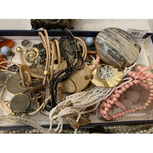 191 - A TRAY OF COSTUME JEWELLERY TO INCLUDE NECKLACES, BRACELETS, ETC