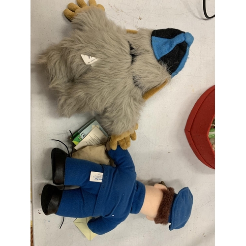 195 - TWO SOFT TOYS BEING POSTMAN PAT AND WELLINGTON WOMBLE