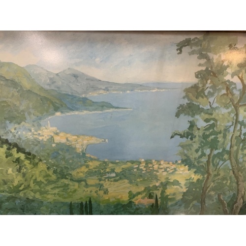 202 - A GILT FRAMED PRINT 'MENTON FROM LA PAUSA' BY SIR WINSTON CHURCHILL