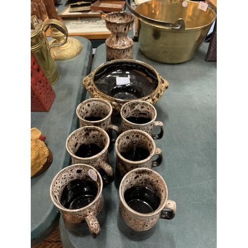 212 - EIGHT PIECES OF MOTTLED BROWN STUDIO STYLE POTTERY