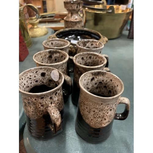 212 - EIGHT PIECES OF MOTTLED BROWN STUDIO STYLE POTTERY