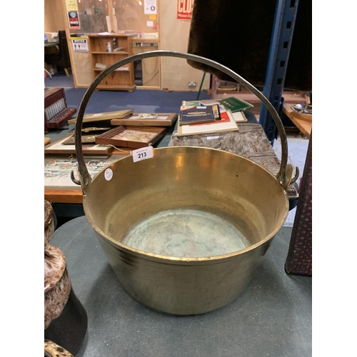 213 - A VINTAGE BRASS JAM PAN