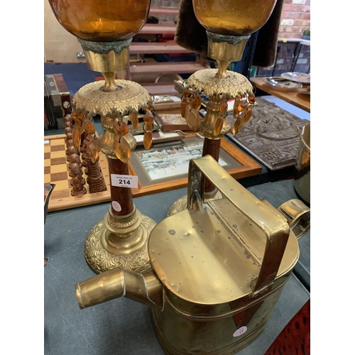 214 - A COLLECTION OF MIXED ITEMS TO INCLUDE A PAIR OF ORNATE BRASS CANDLE HOLDERS WITH AMBER GLASS SHADES... 