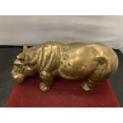 23 - A HEAVY BRASS RHINOCEROS AND A HIPPOPOTAMUS (L:26CM) TO ALSO INCLUDE A BRASS VIKING (H: 25CM)