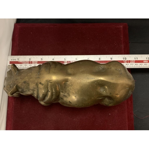 23 - A HEAVY BRASS RHINOCEROS AND A HIPPOPOTAMUS (L:26CM) TO ALSO INCLUDE A BRASS VIKING (H: 25CM)