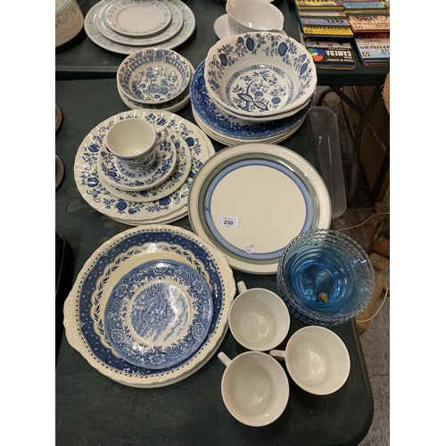 230 - A COLLECTION OF BLUE AND WHITE CERAMICS ETC