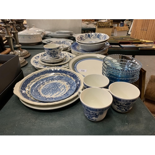 230 - A COLLECTION OF BLUE AND WHITE CERAMICS ETC