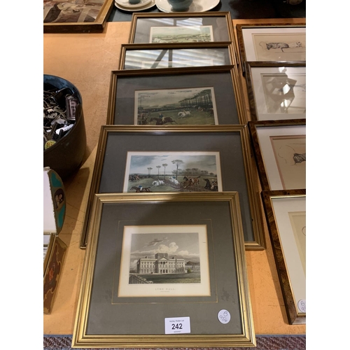 242 - A SET OF FOUR FRAMED 'STEEPLE CHASE' ENGRAVINGS AND A FRAMED ENGRAVING OF LYME HALL