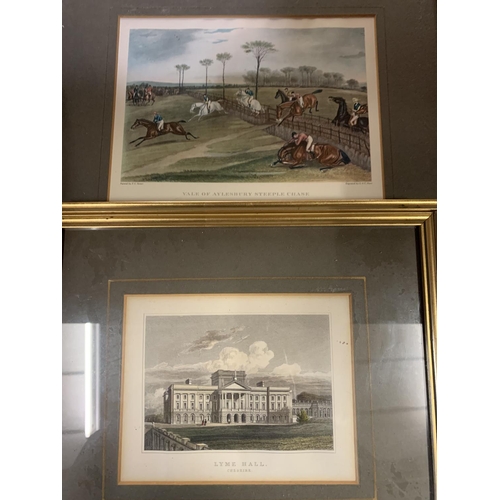 242 - A SET OF FOUR FRAMED 'STEEPLE CHASE' ENGRAVINGS AND A FRAMED ENGRAVING OF LYME HALL