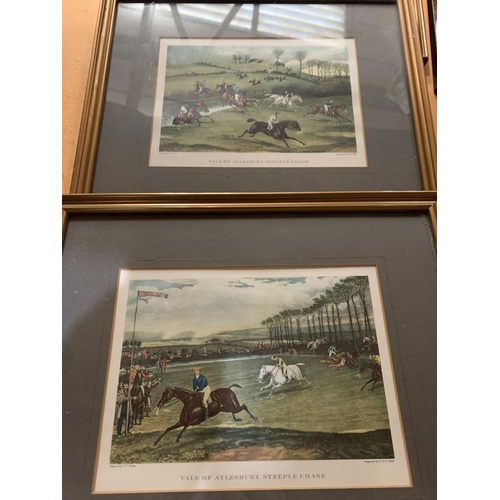 242 - A SET OF FOUR FRAMED 'STEEPLE CHASE' ENGRAVINGS AND A FRAMED ENGRAVING OF LYME HALL