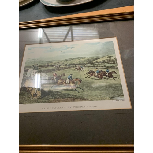 242 - A SET OF FOUR FRAMED 'STEEPLE CHASE' ENGRAVINGS AND A FRAMED ENGRAVING OF LYME HALL