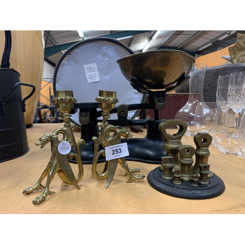 253 - A SET OF VICTORY KITCHEN SCALES AND SET OF BRASS WEIGHTS ON STAND AND A PAIR OF UNUSUAL BRASS DRAGON... 