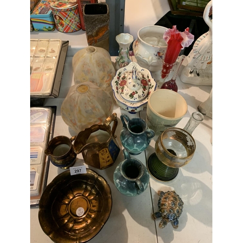 297 - A COLLECTION OF ASSORTED CERAMICS AND GLASS WARE TO INCLUDE VASES, LIGHT SHADES ETC