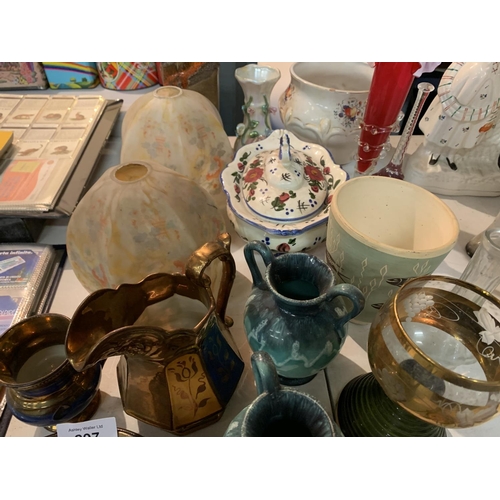 297 - A COLLECTION OF ASSORTED CERAMICS AND GLASS WARE TO INCLUDE VASES, LIGHT SHADES ETC