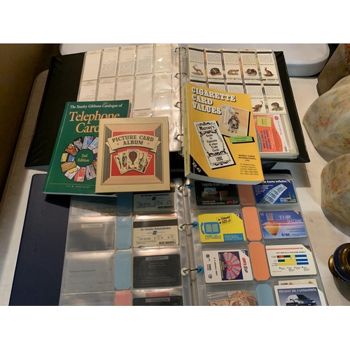 298 - TWO ALBUMS CONTAINING TELEPHONE CARDS, MATCH BOOKS, POSTCARDS ETC AND TWO GUIDE BOOKS