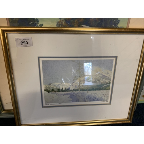 299 - THREE FRAMED PICTURES TO INCLUDE GILT FRAMED 'MOUNT RUNDLE IN WINTER' BY W.J PHILLIPS