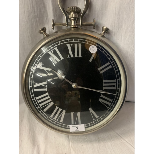 3 - A LARGE WHITE METAL POCKET WATCH WALL CLOCK - 31CM DIAMETER