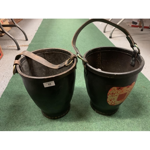 55 - A PAIR OF VINTAGE LEATHER HORSE BUCKETS WITH STRAPS