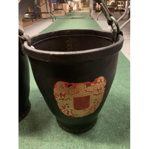 55 - A PAIR OF VINTAGE LEATHER HORSE BUCKETS WITH STRAPS