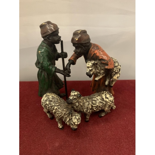 6A - A COLD PAINTED BRONZE GROUP OF TWO ARAB SHEPHERDS WITH LAMBS BY FRANZ BERGMAN - 10CM HIGH