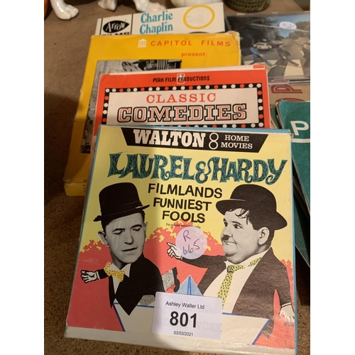 801 - A QUANTITY OF BEATLES SINGLES, ELVIS 78'S AND 8 MM FILMS TO INCLUDE LAUREL AND HARDY