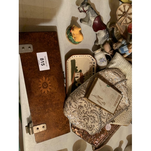 815 - A QUANTITY OF VINTAGE ITEMS TO INCLUDE DRESSING TABLE ITEMS, A WOODEN TIE PRESS AND A SMALL BOOK OF ... 