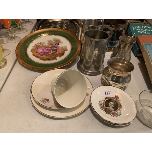 818 - AN ASSORTMENT OF SILVER PLATE ITEMS TO INCLUDE A TEAPOT AND COFFEE POT AND SOME COMMEMORATIVE CERAMI... 