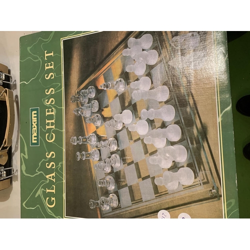 826 - A GLASS CHESS SET BOXED