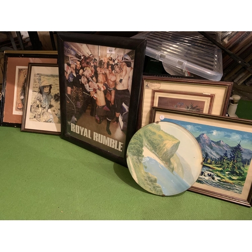 833 - A QUANTITY OF FRAMED PICTURES TO INCLUDE A CIRCULAR PLAQUE