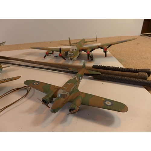 464 - FIVE PAINTED PLASTIC MODELS OF WORLD WAR II AEROPLANES, RAF IDENTITY DISCS AND THREE WHIPS, A/F