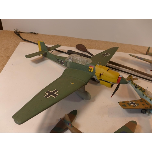 464 - FIVE PAINTED PLASTIC MODELS OF WORLD WAR II AEROPLANES, RAF IDENTITY DISCS AND THREE WHIPS, A/F