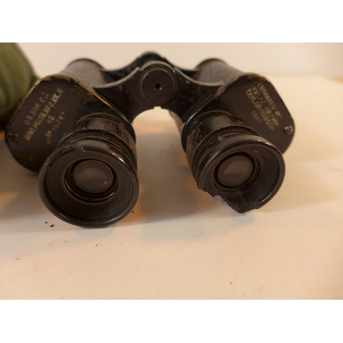 490 - A PAIR OF 1941 TAYLOR-HOBSON X 2 BINOCULARS AND WEBBING CASE, ANOTHER PAIR OF BINOCULARS AND A SPARE... 