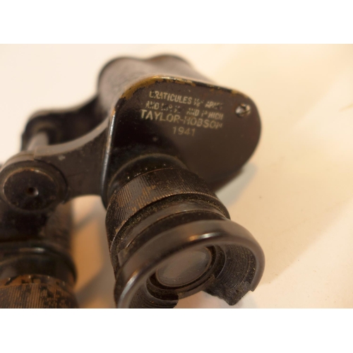 490 - A PAIR OF 1941 TAYLOR-HOBSON X 2 BINOCULARS AND WEBBING CASE, ANOTHER PAIR OF BINOCULARS AND A SPARE... 