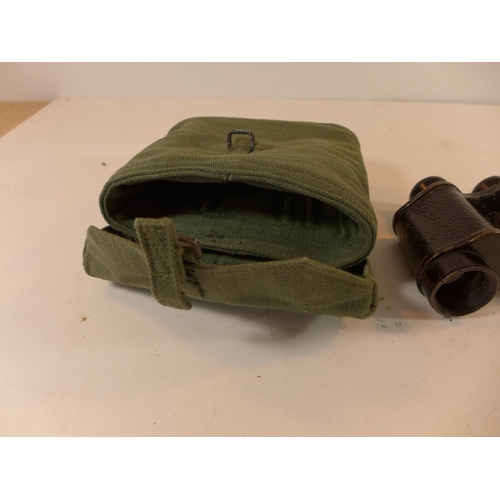 490 - A PAIR OF 1941 TAYLOR-HOBSON X 2 BINOCULARS AND WEBBING CASE, ANOTHER PAIR OF BINOCULARS AND A SPARE... 