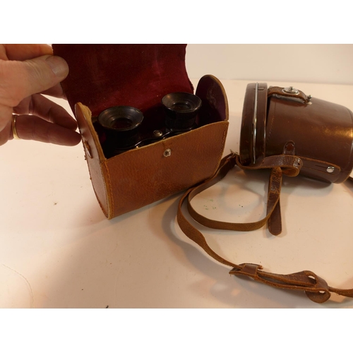 490 - A PAIR OF 1941 TAYLOR-HOBSON X 2 BINOCULARS AND WEBBING CASE, ANOTHER PAIR OF BINOCULARS AND A SPARE... 