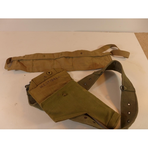 495 - A WORLD WAR II WEBBING HOLSTER DATED 1943, BELT AND POUCH BELT (3)